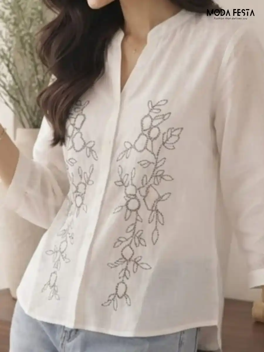 ModaFesta -white-embroidered-v-neck-button-down-shirt