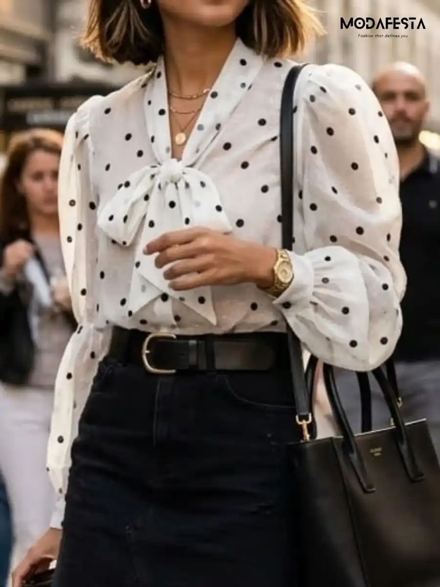 ModaFesta -elegant-chiffon-polka-dot-shirt-tie-up-neck-beige