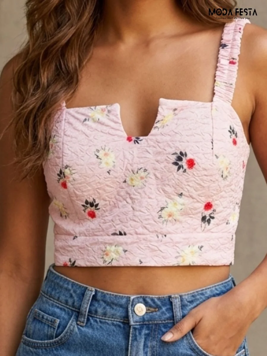textured floral print crop top featuring a v-notch neckline and thick shirred smocked straps