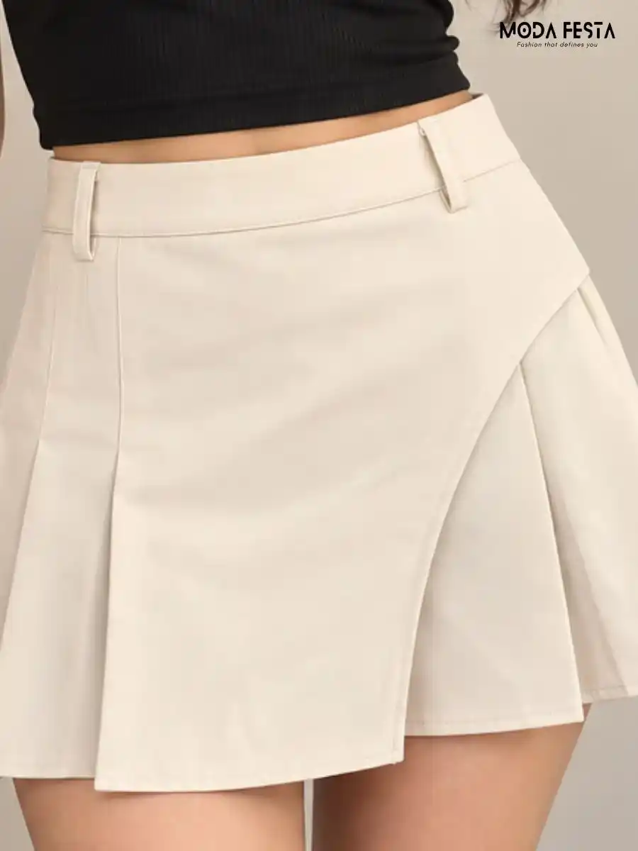 White Asymmetric Pleated Skort