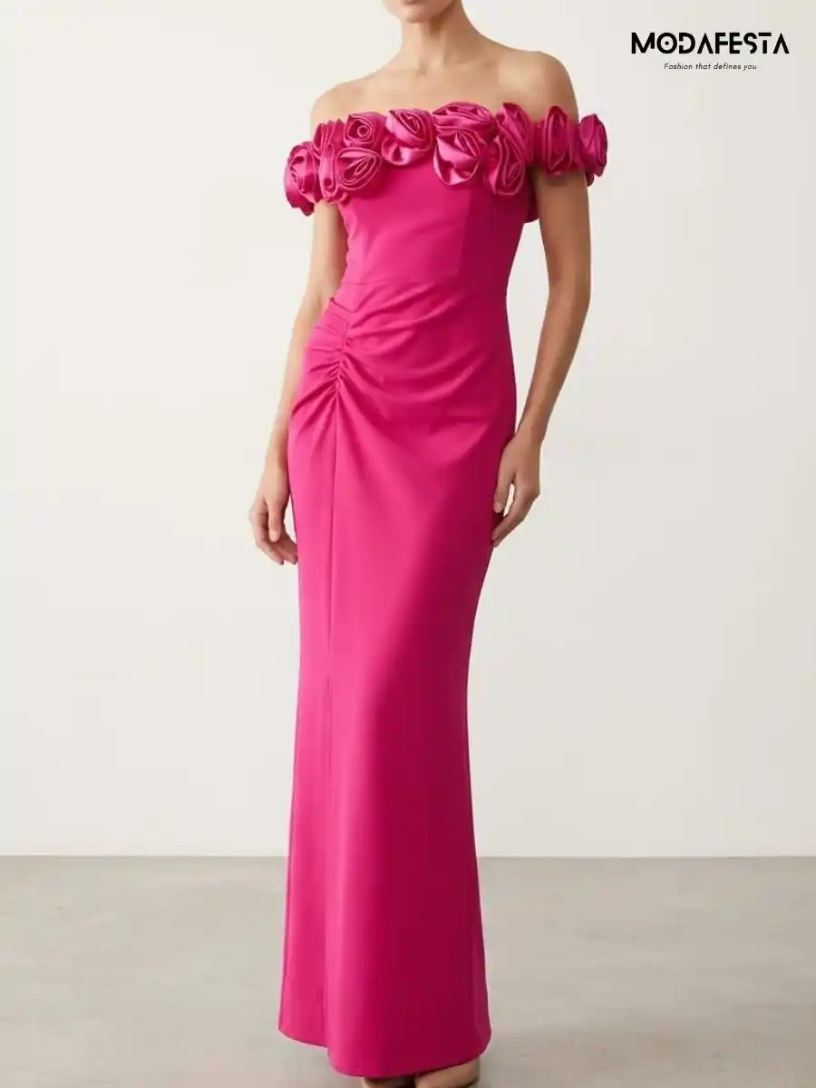 ModaFesta -elegant-off-shoulder-style-with-flower-dress-pink