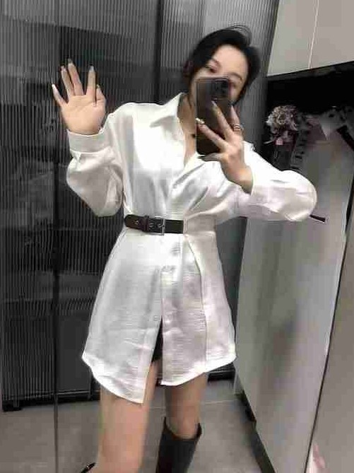 ModaFesta -solid-satin-shirt-with-belt-white