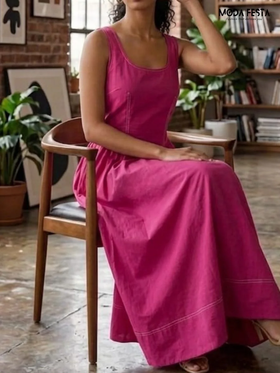 ModaFesta -contrast-stitch-square-neck-midi-dress-pink