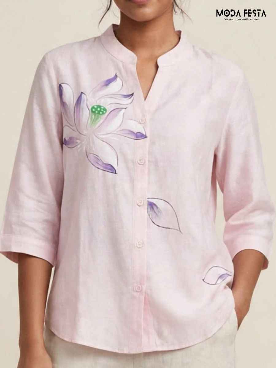 ModaFesta -pink-hand-painted-floral-casual-shirt