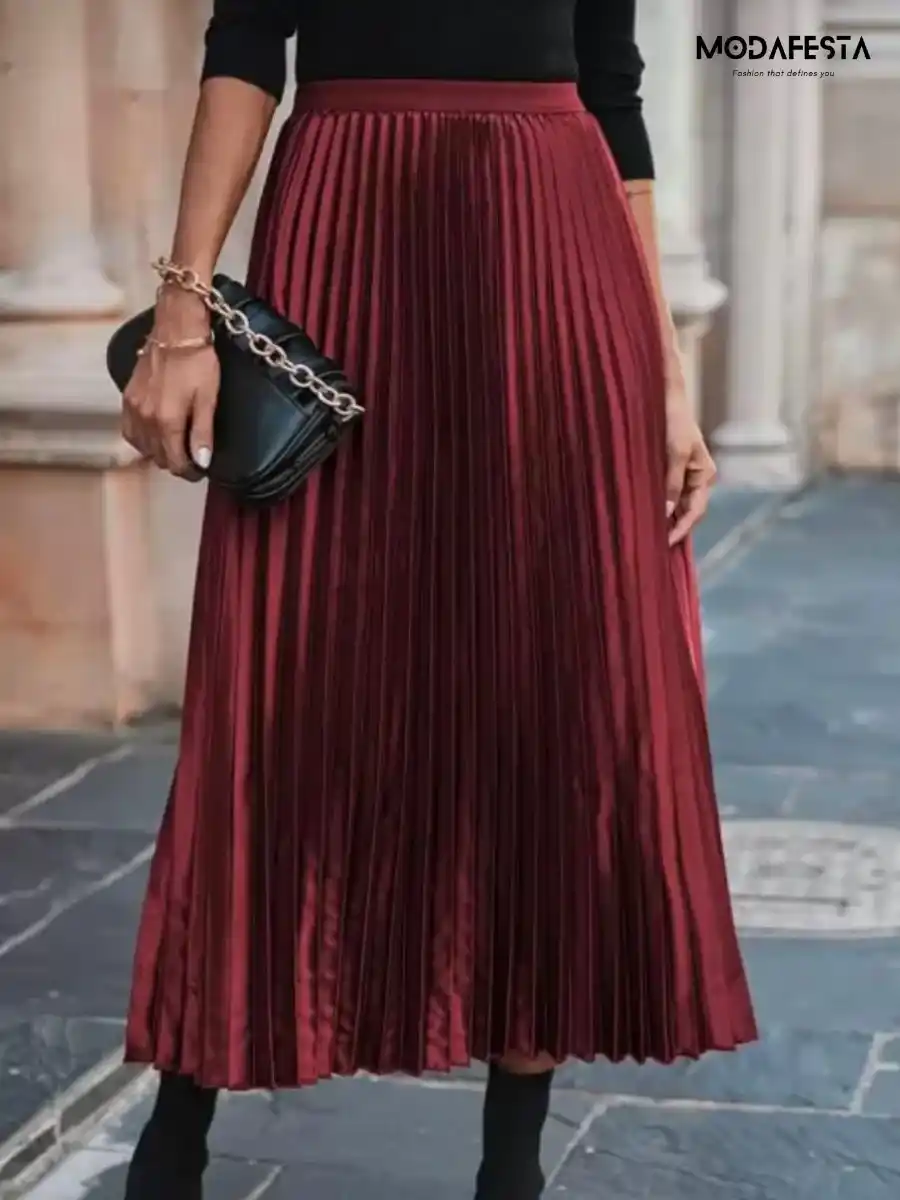 ModaFesta -elegant-satin-high-waist-pleated-skirt-maroon