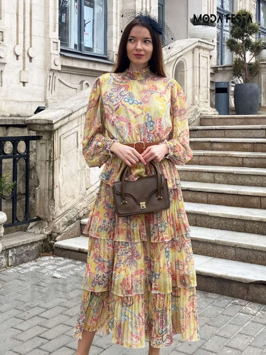 ModaFesta -elegant-layer-floral-long-dress-yellow
