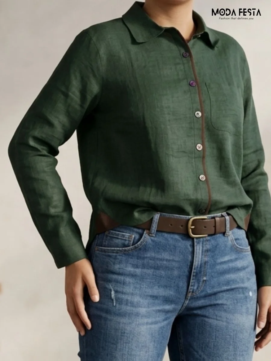 A timeless, long-sleeve linen shirt in rich Olive Green, featuring refined contrast stitching and a relaxed, breathable fit perfect for effortless styling.