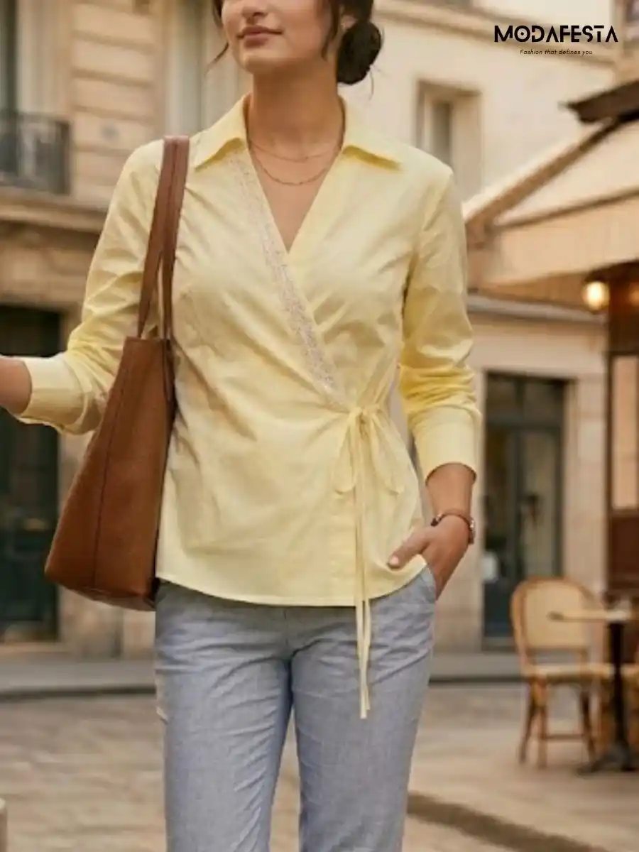 Elegant V Neck Embellished Wrap Top