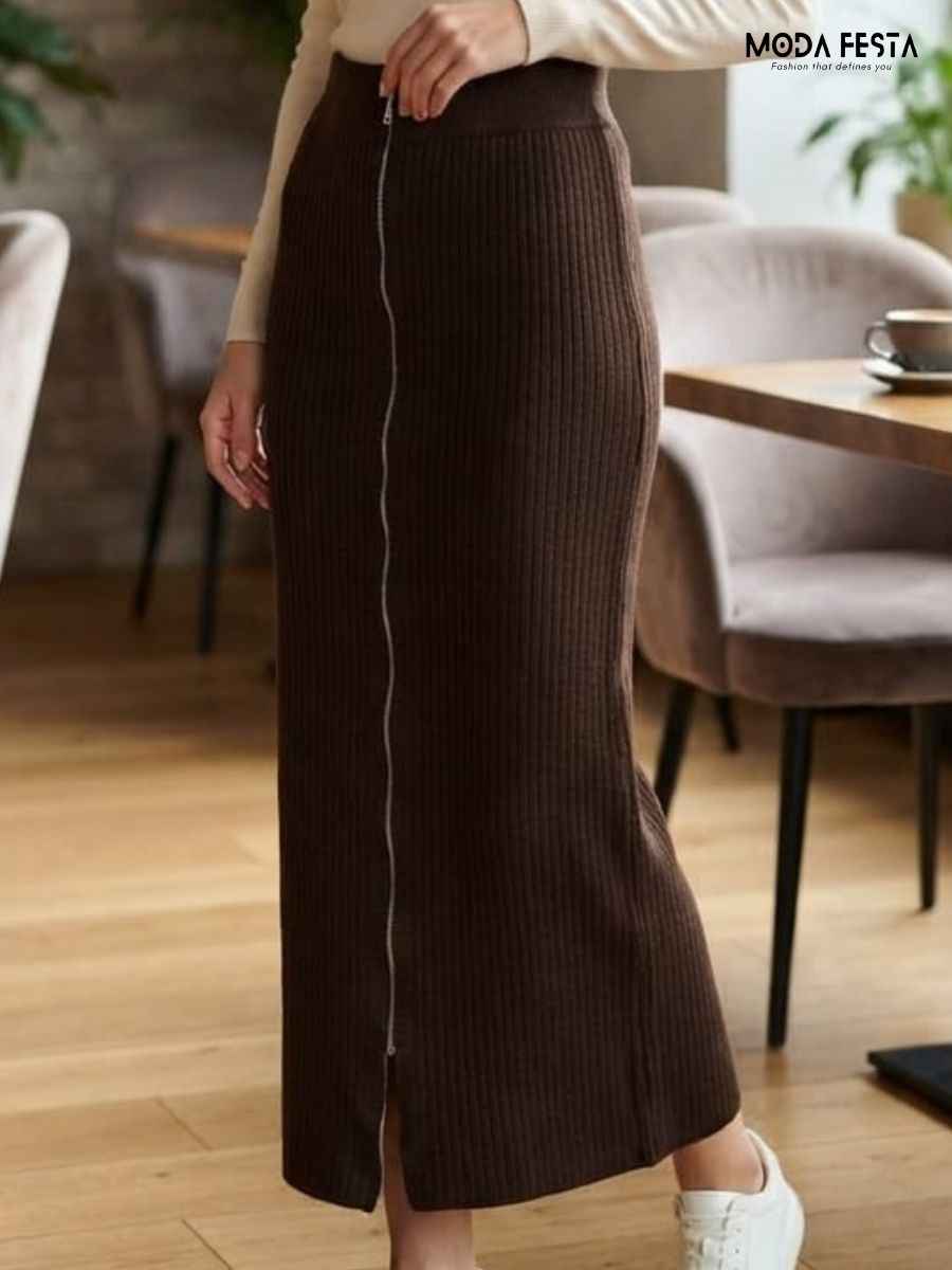 ModaFesta -brown-ribbed-knit-zipper-midi-skirt
