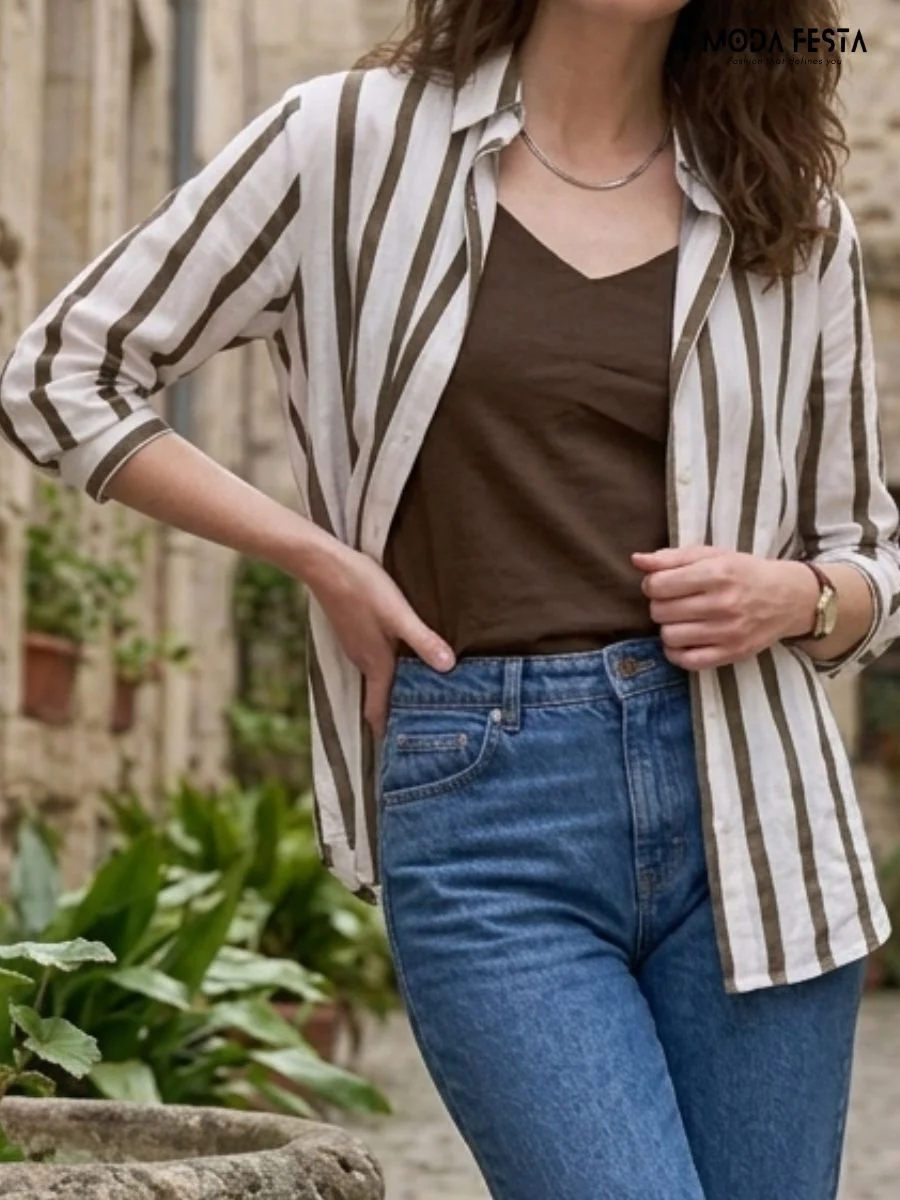 two-piece set striped button-down shirt