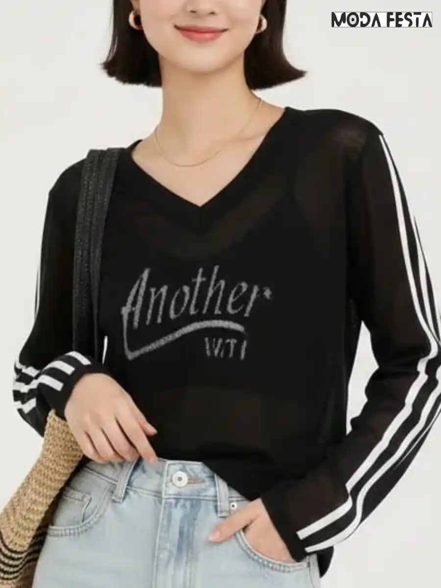 ModaFesta -elegant-v-neck-stripes-top-black