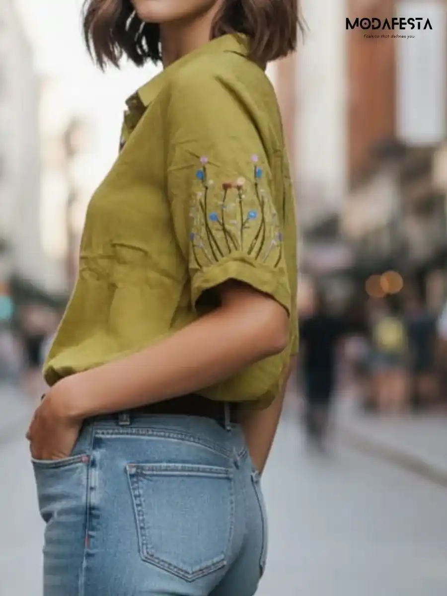ModaFesta -elegant-shirt-embroidery-on-sleeves-green