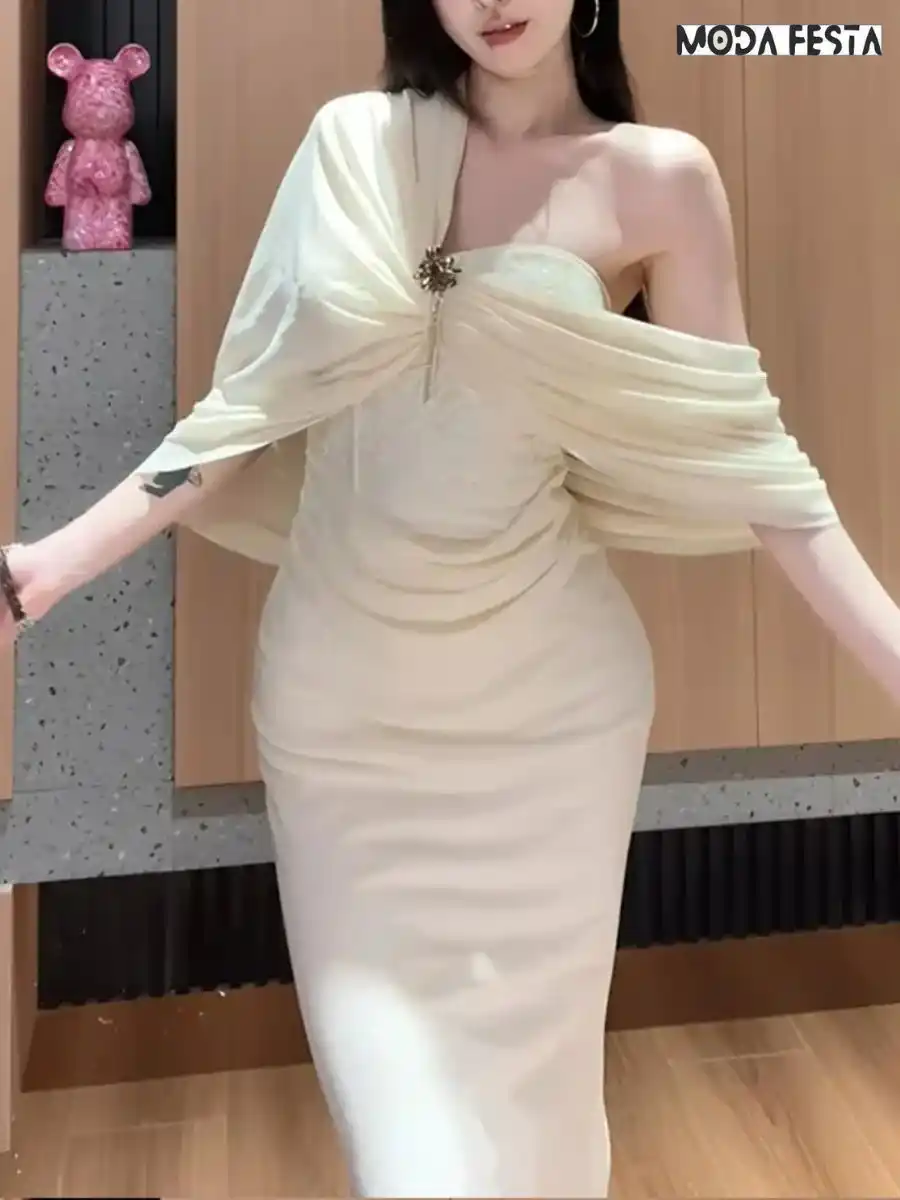 ModaFesta -tube-dress-with-net-fall-shoulder-beige