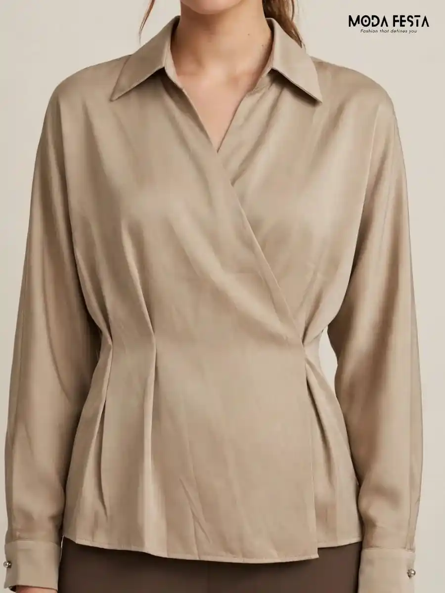 Beige Satin Wrap-Style Collared Long Sleeve Top