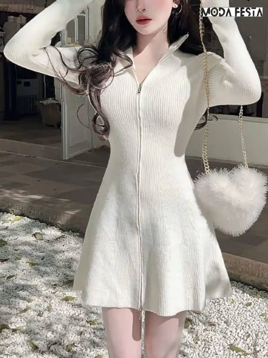 ModaFesta -stylish-knitted-dress-with-zipper-white