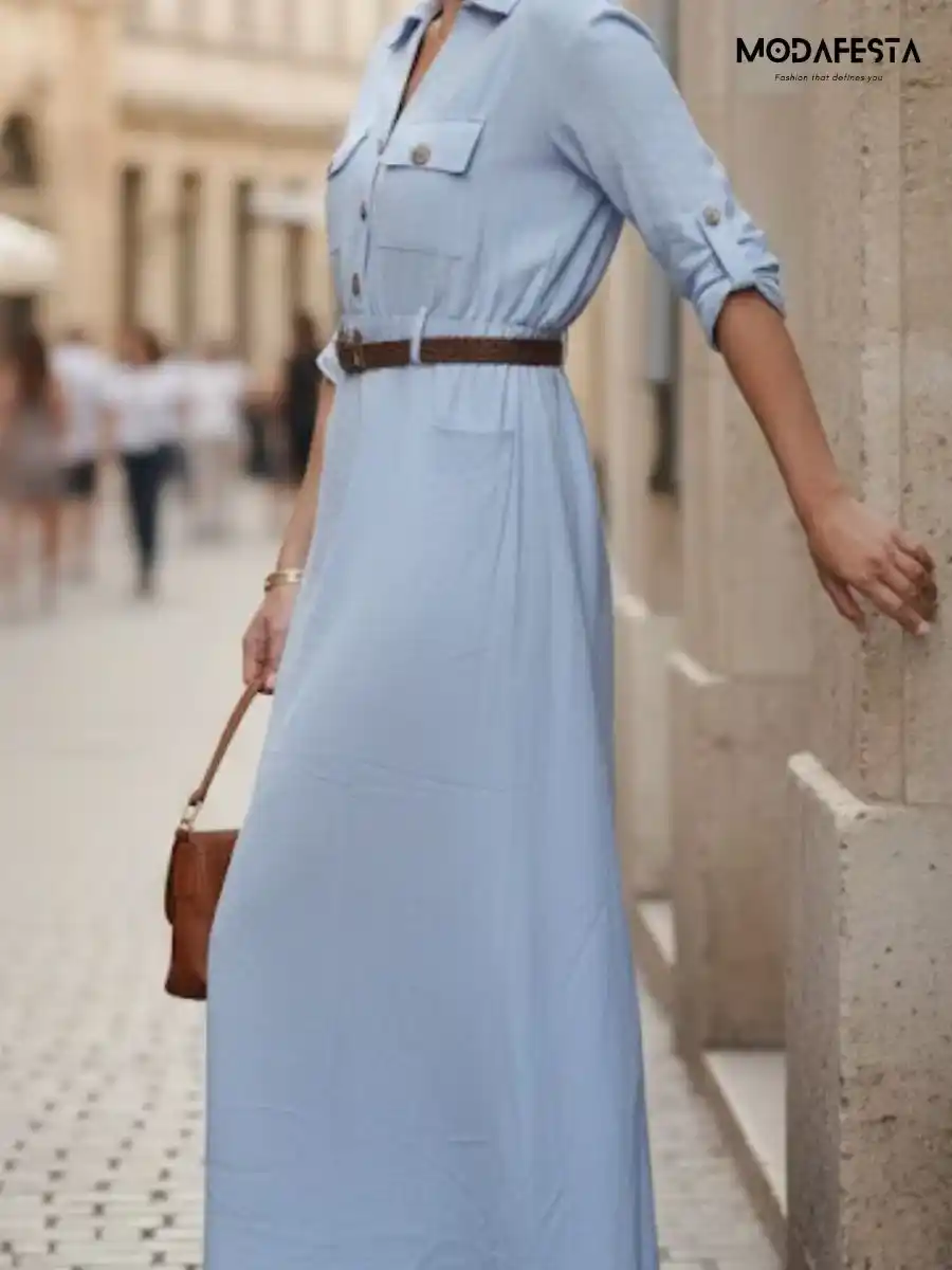 ModaFesta -elegant-linen-cotton-dress-with-belt-sky-blue