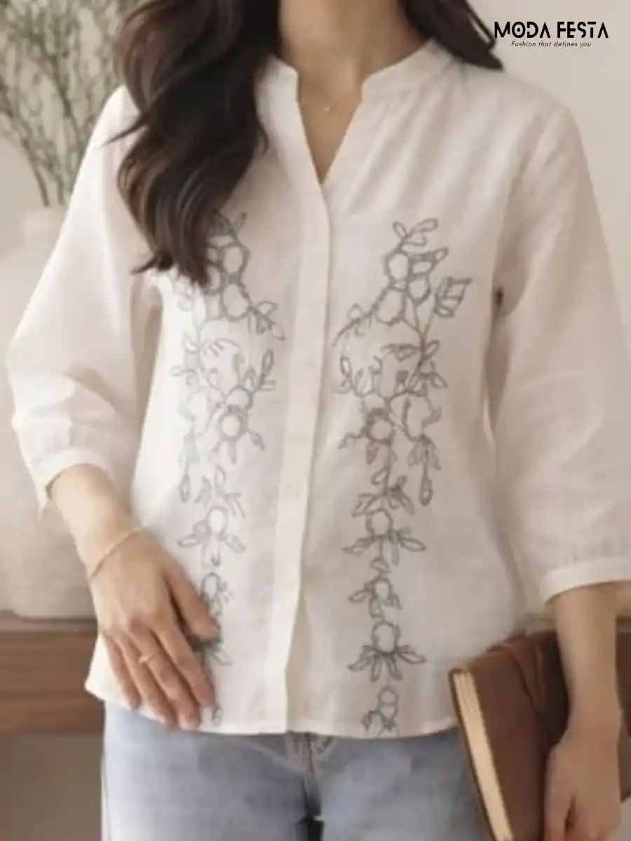 ModaFesta -white-embroidered-v-neck-button-down-shirt