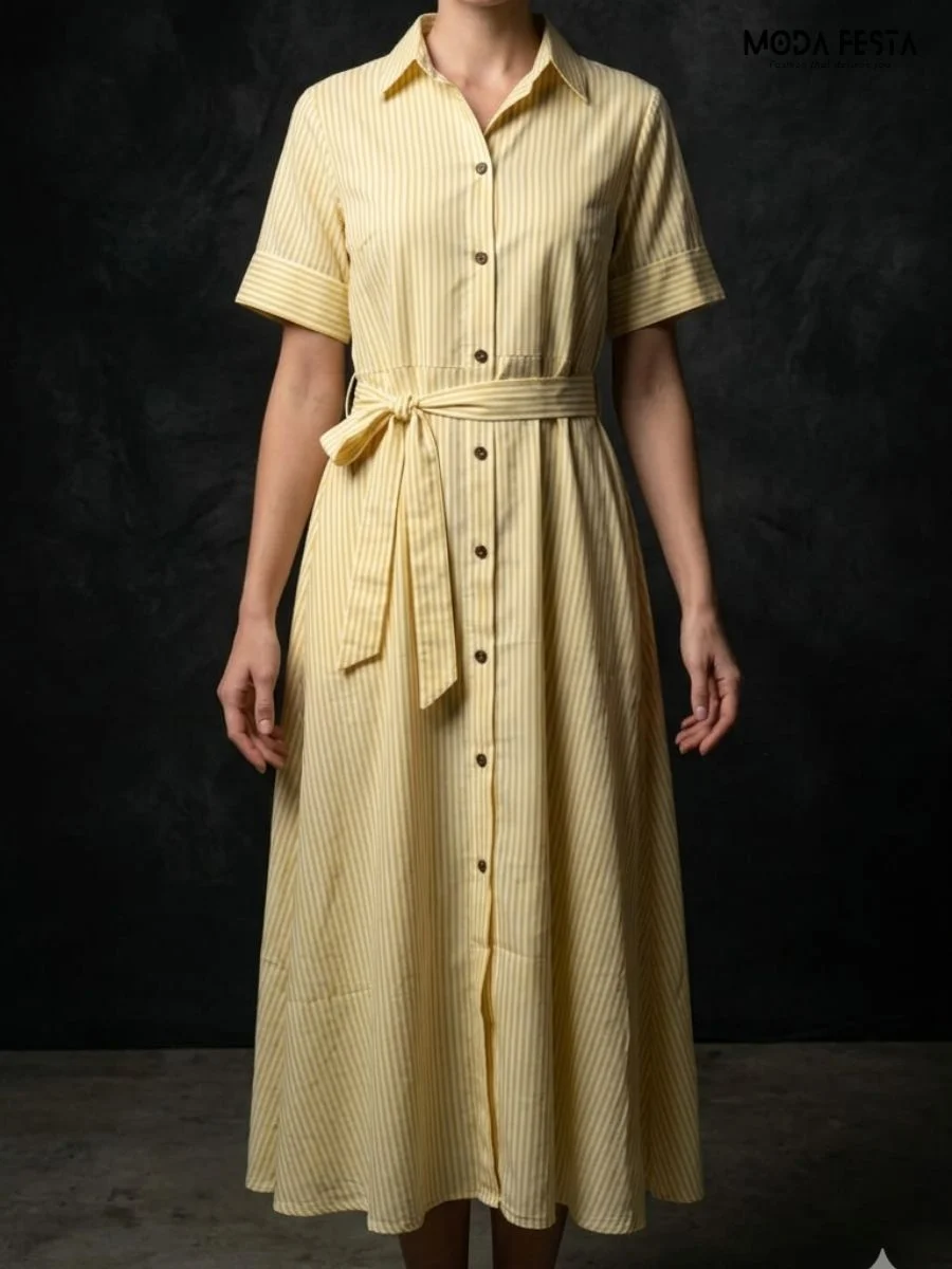 yellow and white vertical-striped shirt dress