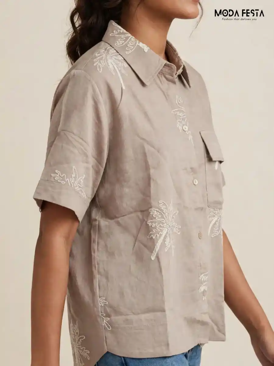 ModaFesta -taupe-palm-tree-embroidered-casual-shirt