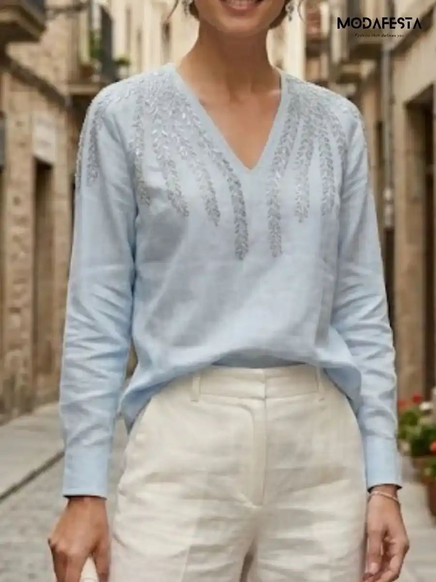 ModaFesta -elegant-embellished-v-neck-top-sky-blue
