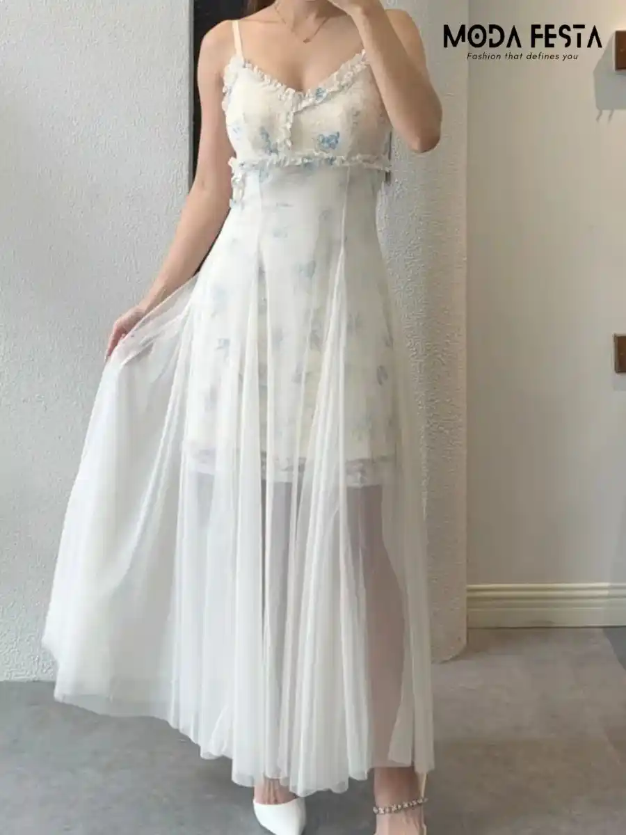 ModaFesta -elegant-mesh-lace-dress-beige-with-blue