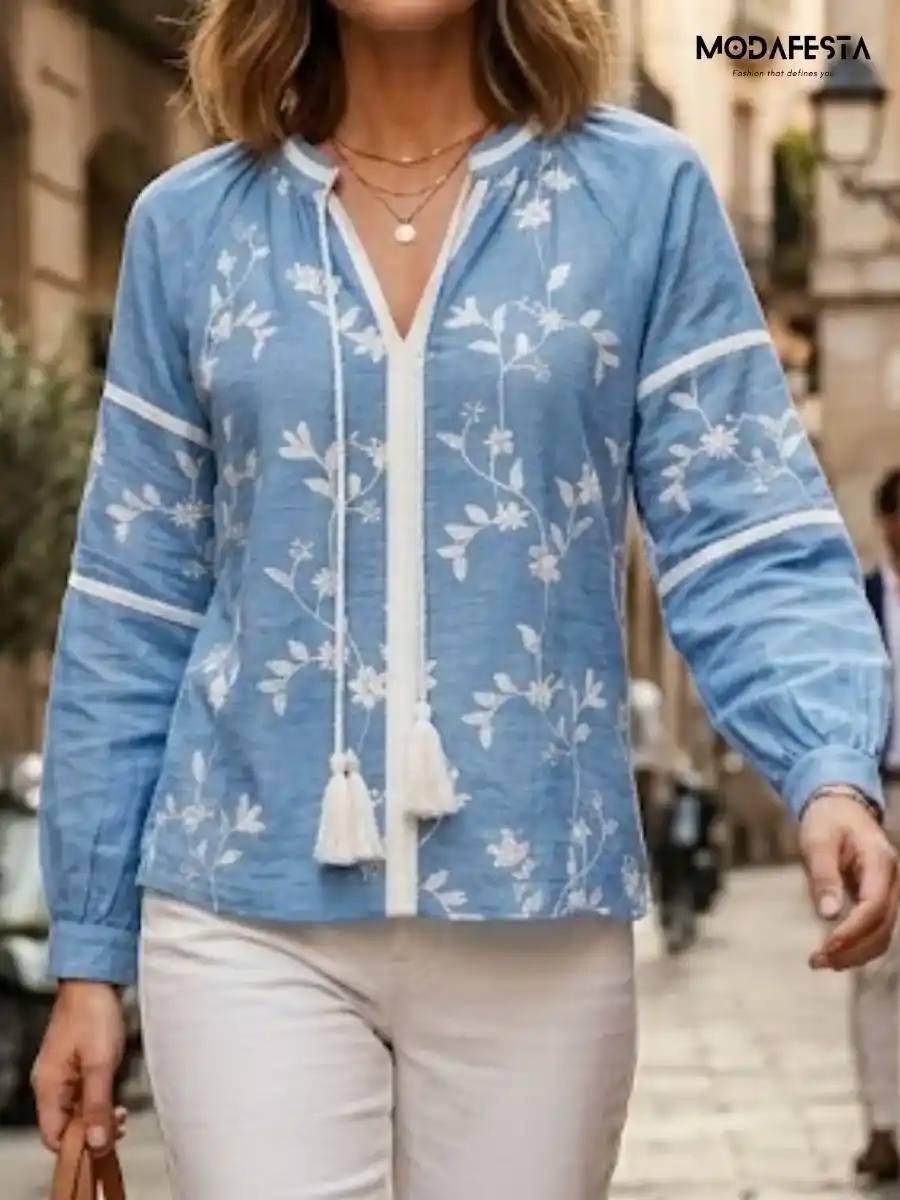 Elegant Floral-Embroidered V Neck Top