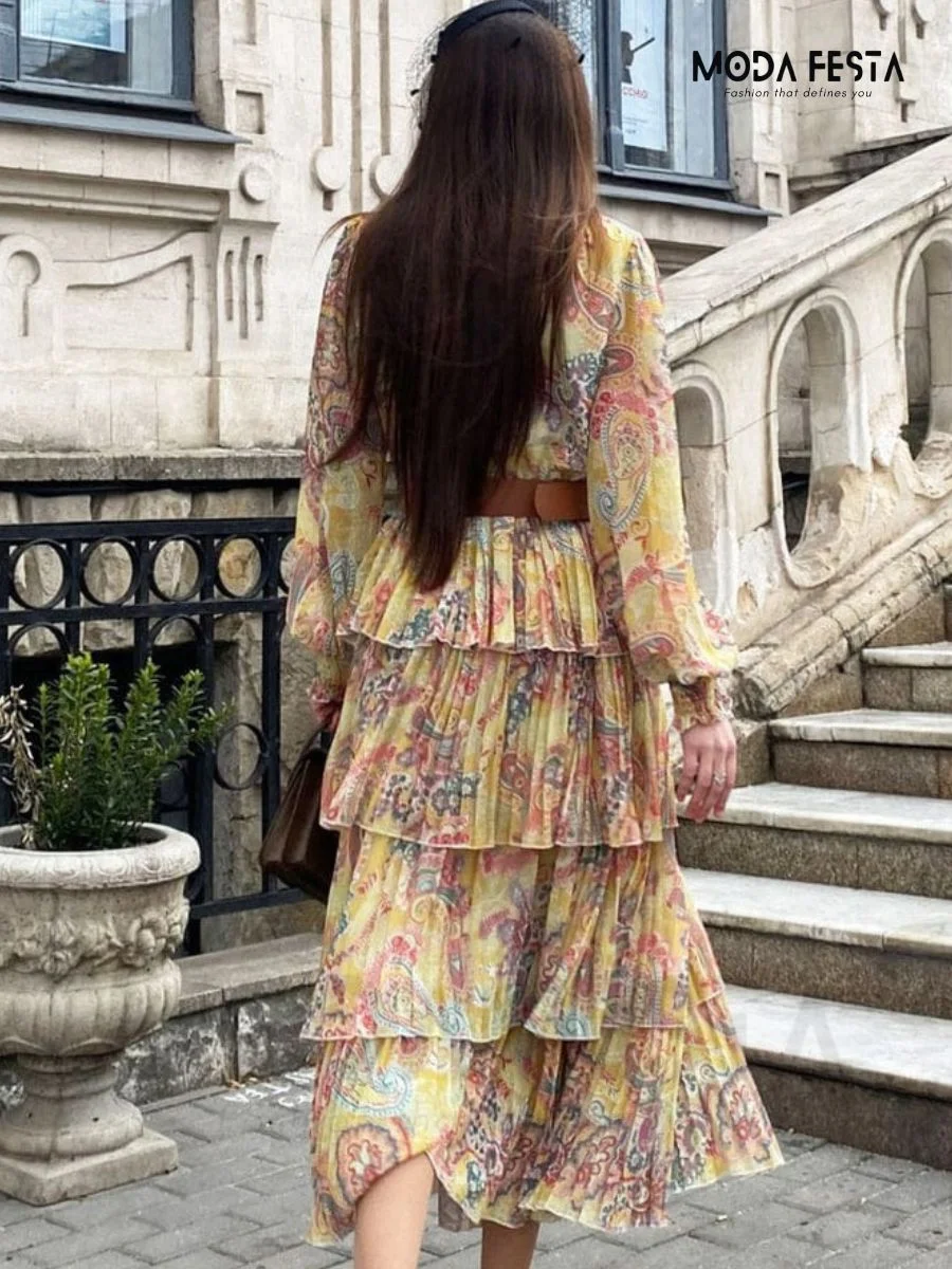ModaFesta -elegant-layer-floral-long-dress-yellow