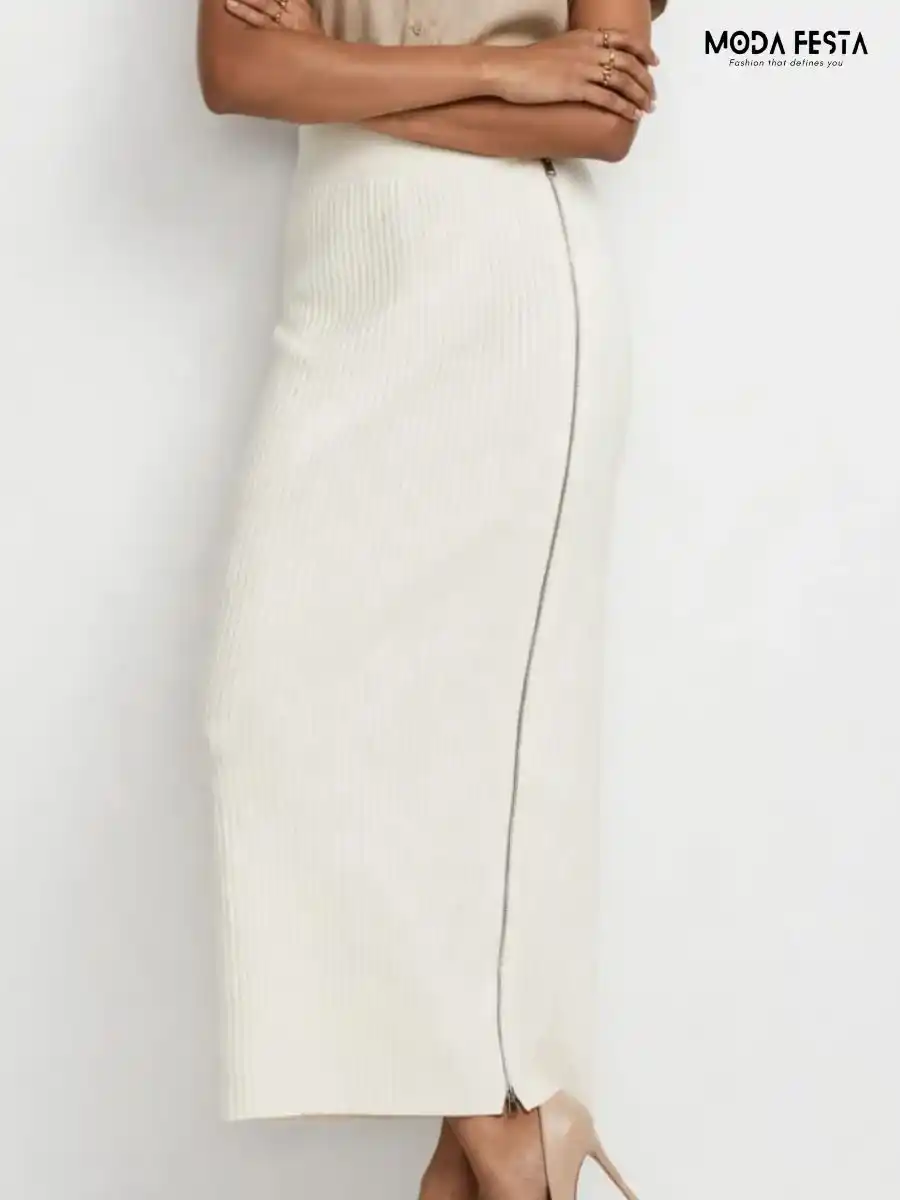 Off-White Ribbed Knit Side-Zipper Midi Skirt