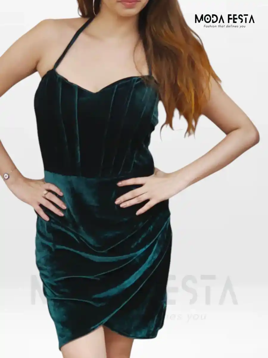 ModaFesta -velvet-halter-neck-mini-dress-green
