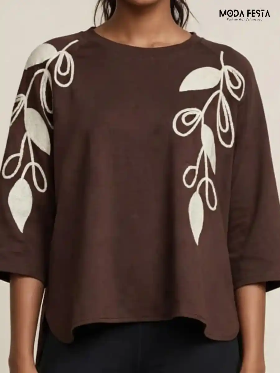 ModaFesta -elegant-brown-embroidered-leaf-motif-top