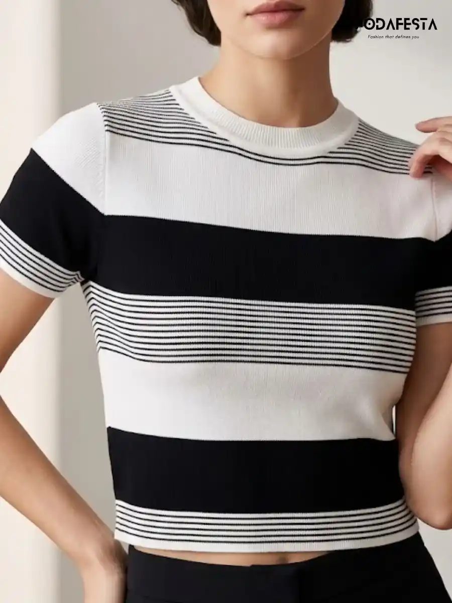 ModaFesta -elegant-black-and-white-striped-crop-t-shirt