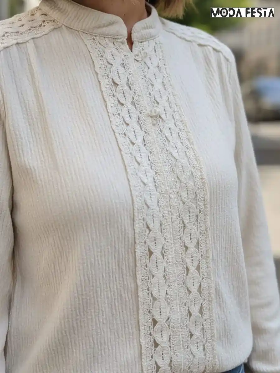 ModaFesta -elegant-cream-lace-pattern-shirt-beige