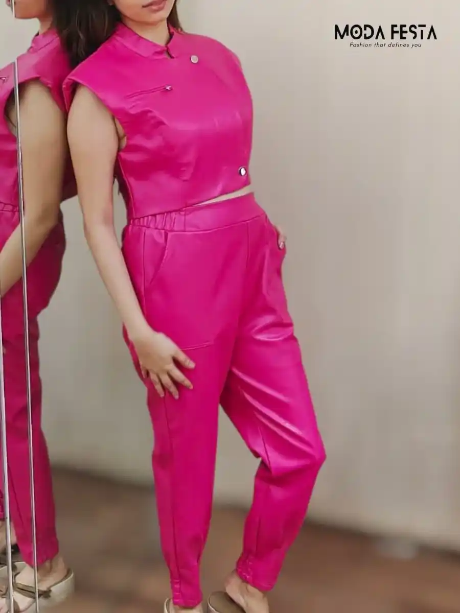 ModaFesta -rider-biker-girl-magenta-leather-coord-set