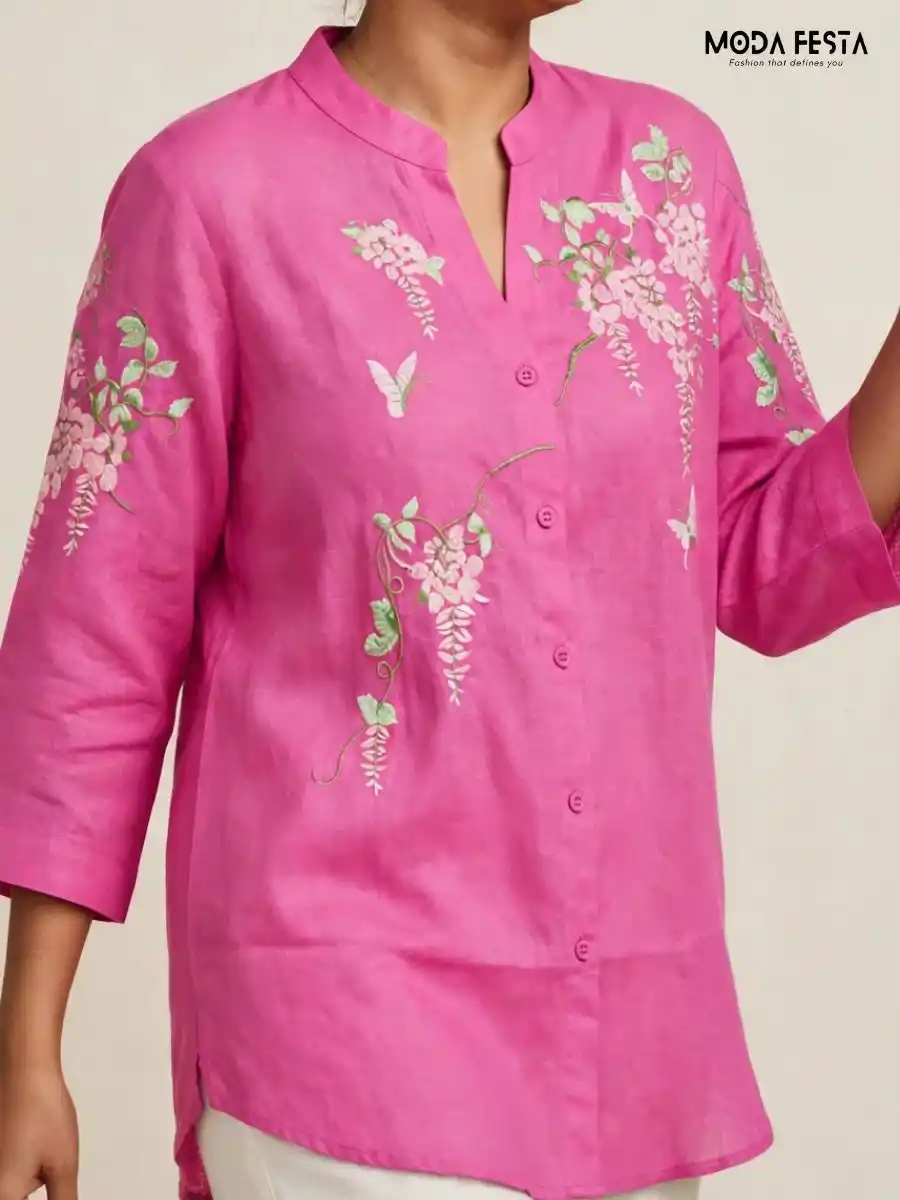 ModaFesta -pink-floral-and-butterfly-embroidered-casual-shirt