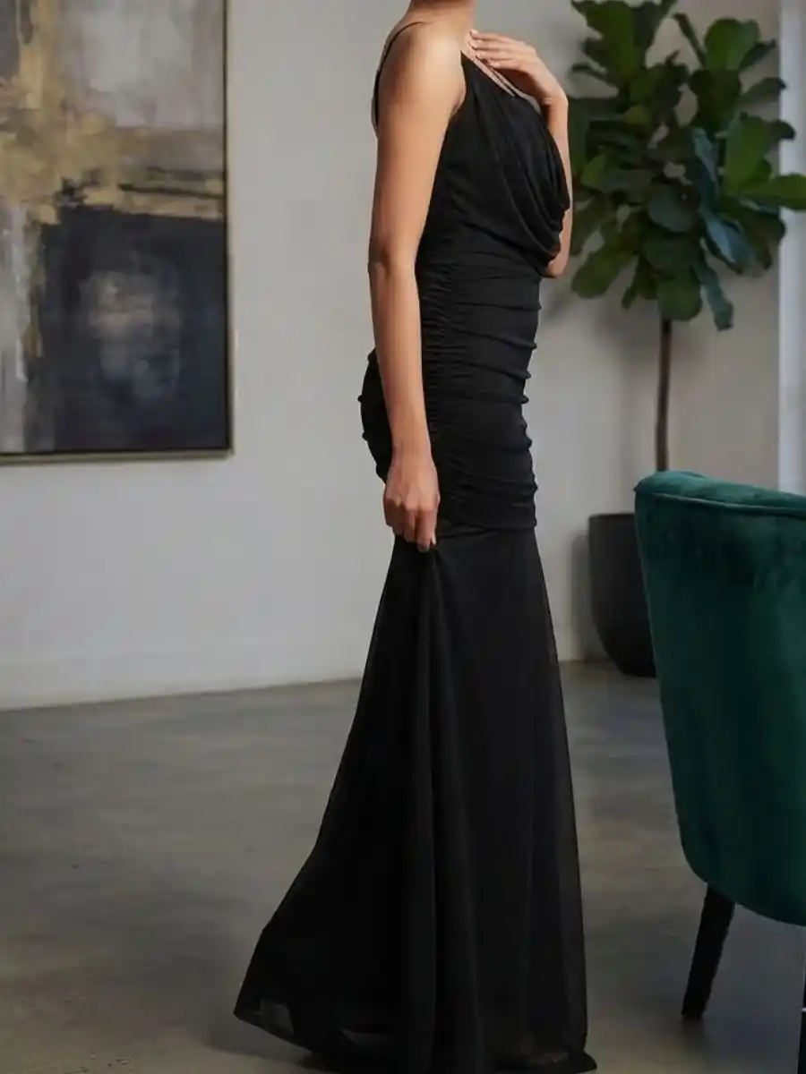 ModaFesta -elegance-black-cowl-neck-ruched-maxi-dress