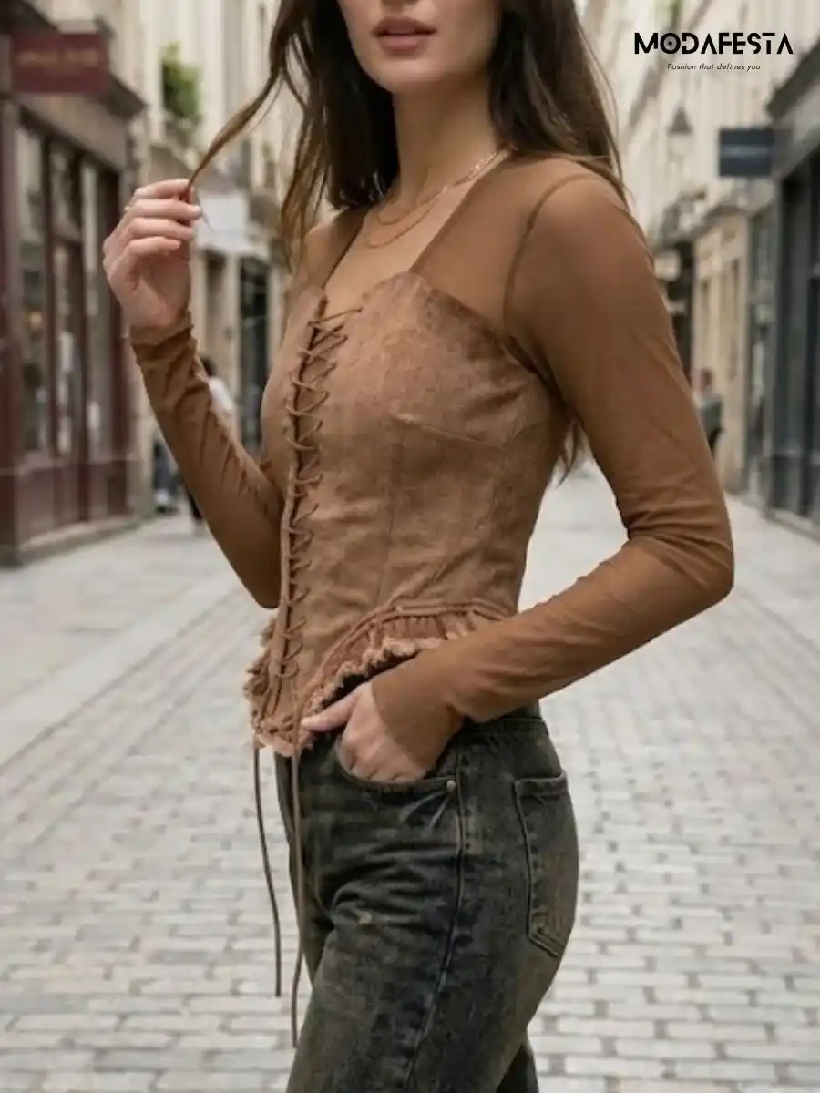 ModaFesta -lace-up-denim-corset-mesh-top-brown