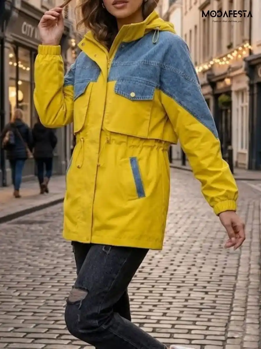 ModaFesta -elegant-denim-with-parachute-fabric-hoodie-jacket-neon-green