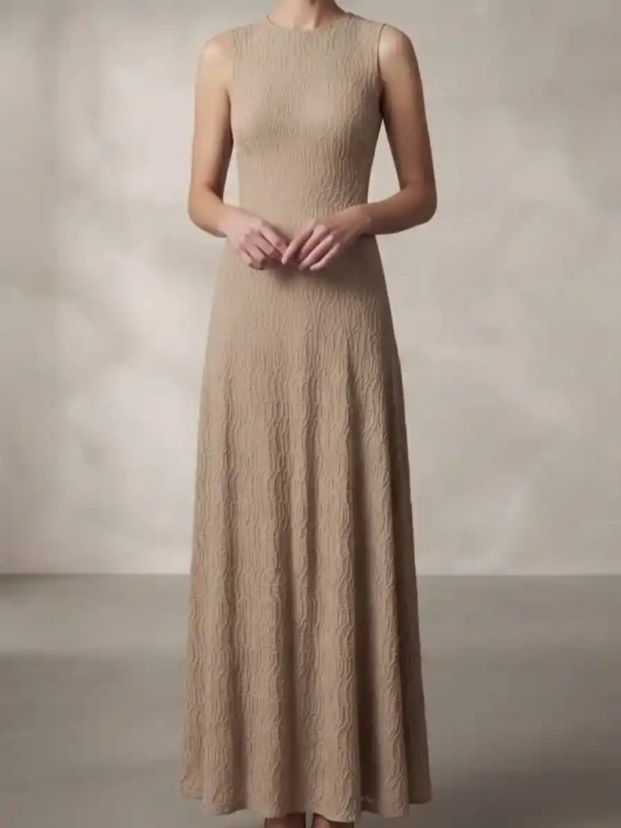 Beige Net Sleevless Floor Length Party Wear Gown For Women