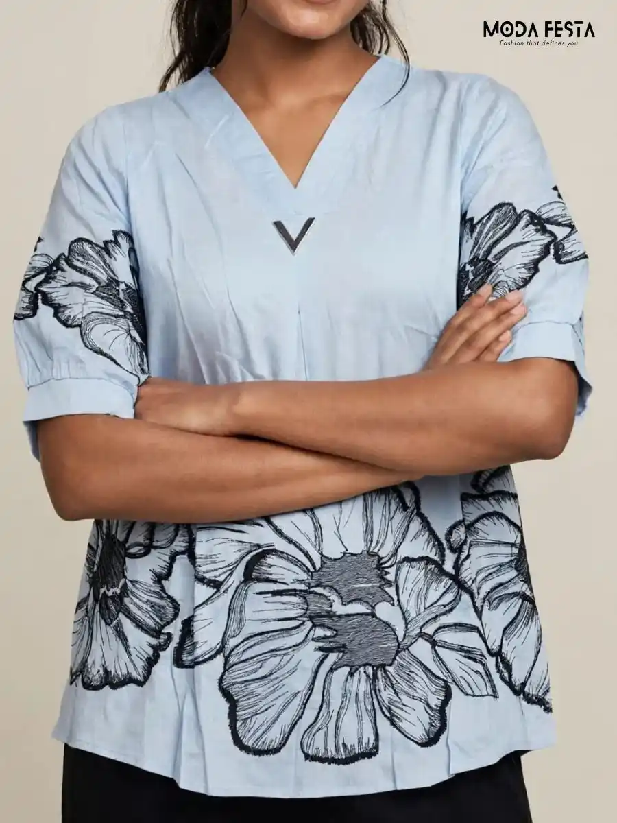 ModaFesta -light-blue-oversized-floral-print-top