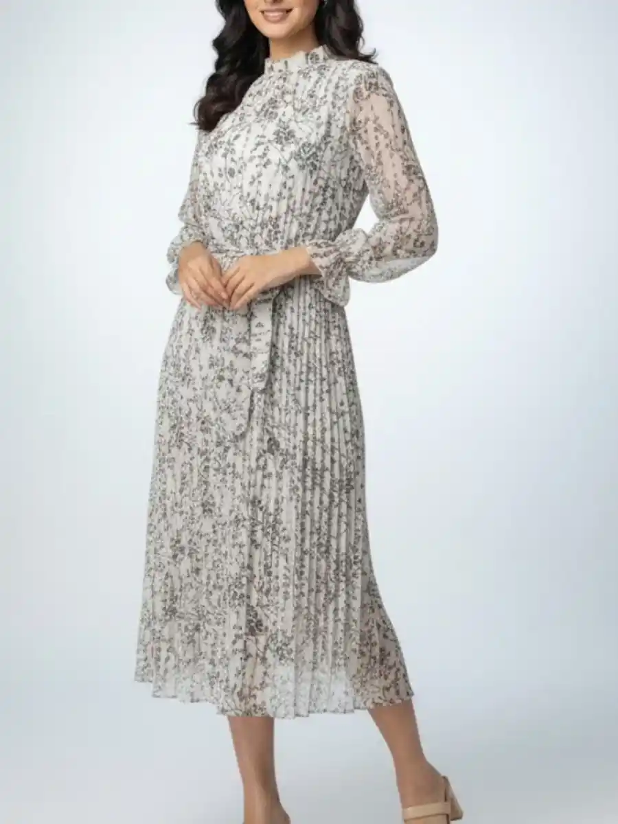 ModaFesta -elegant-frill-floral-print-dress-beige