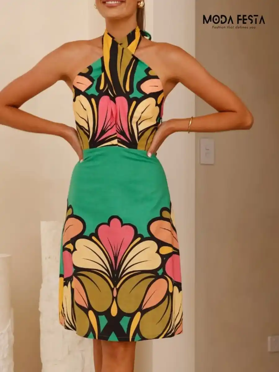 ModaFesta -Halter-neck-printed-floral-dress-green
