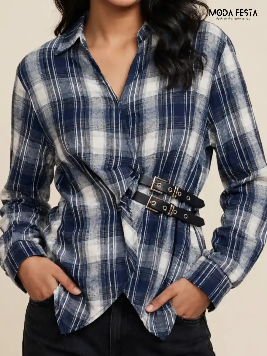 ModaFesta -plaid-wrap-style-casual-shirt
