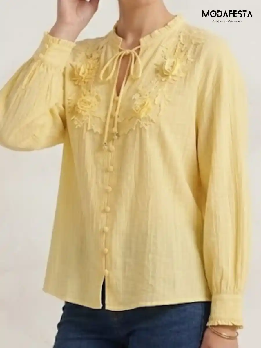 ModaFesta -elegant-v-neck-floral-top-1-yellow