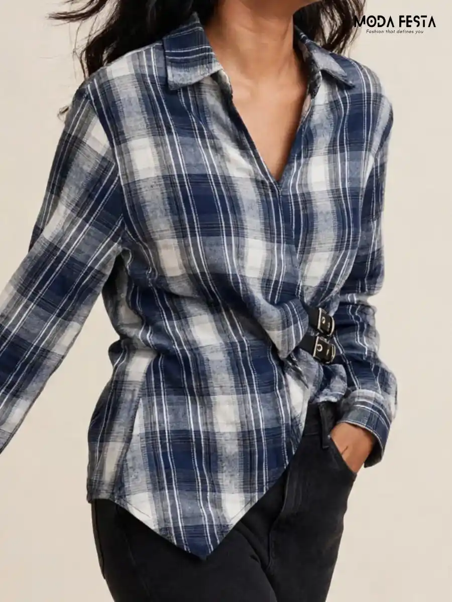 ModaFesta -plaid-wrap-style-casual-shirt