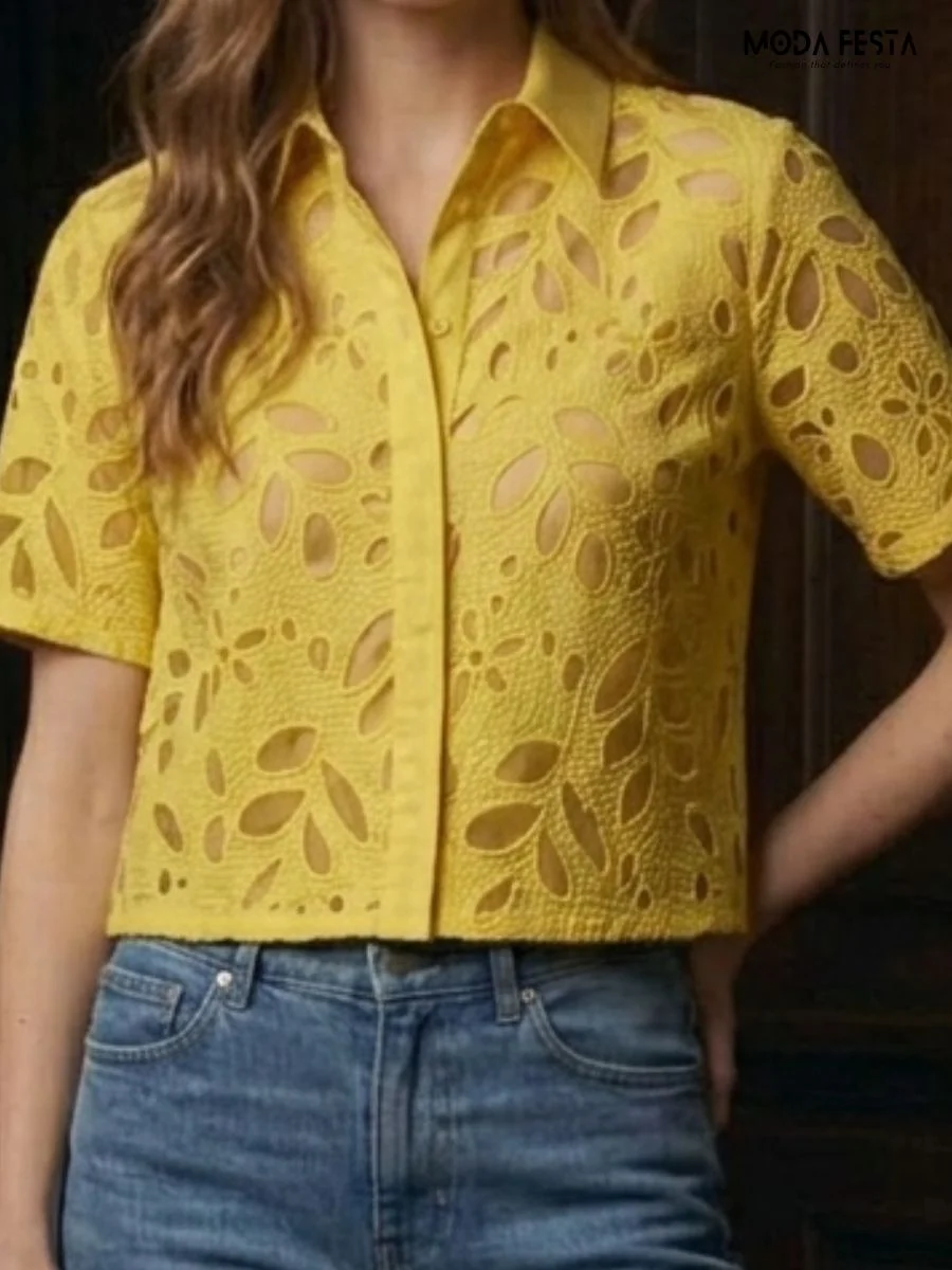 ModaFesta -bright-yellow-floral-eyelet-button-down-shirt