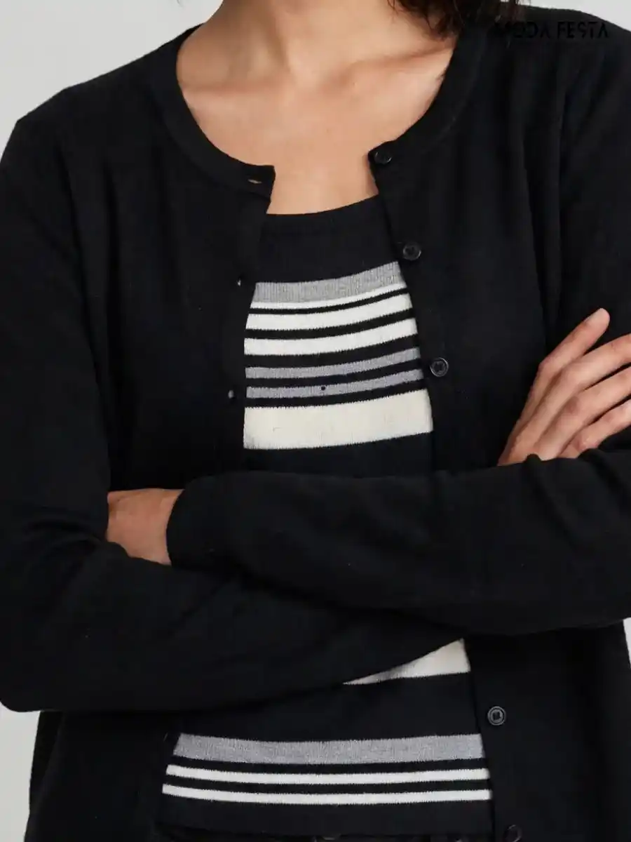 ModaFesta -black-cardigan-monochrome-striped-inner-top-coord-set