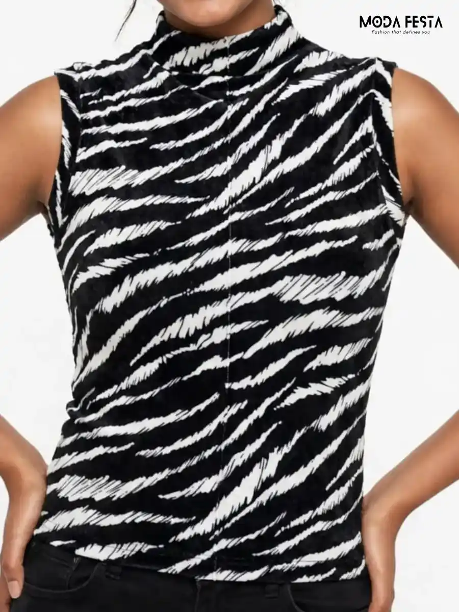 Black and White Zebra Print Mesh Mock Neck Top