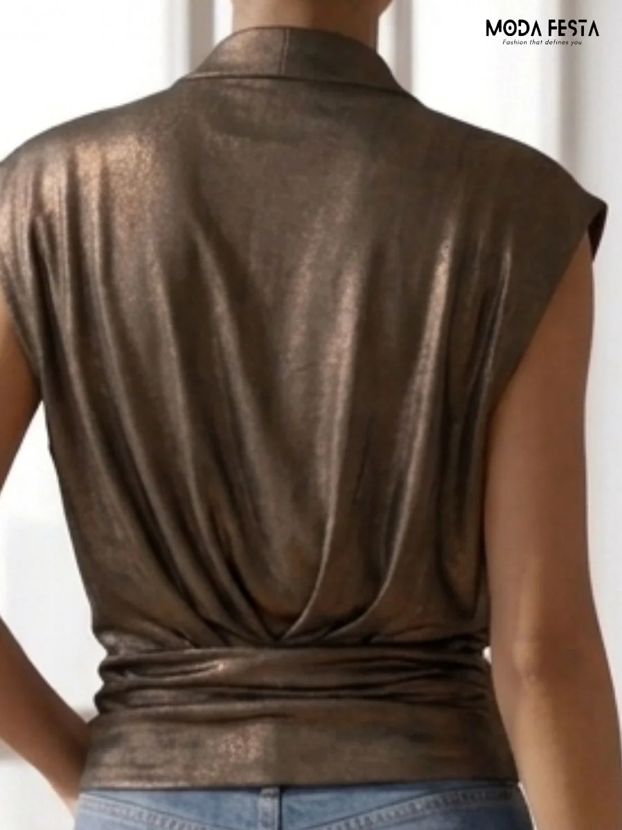 ModaFesta -satin-v-neck-wrap-top-with-gold-brooch