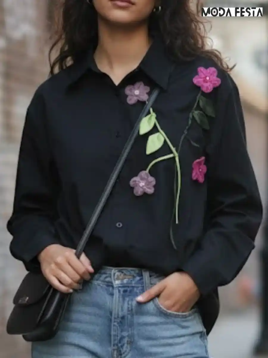 ModaFesta -elegant-cute-flower-long-shirt-black