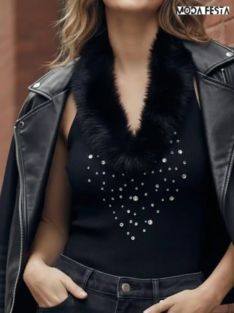 Elegant V Neck Rhinestone Party Top